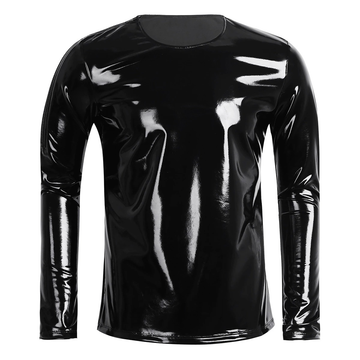 Fashion Men's Wet Look Patent Leather Top / Male Black Shiny Long Sleeves Pullover - EVE's SECRETS